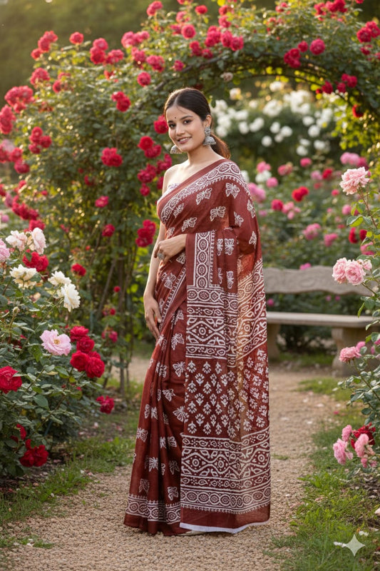 Traditional Jaipuri Printed Mulmul Cotton Saree with Blouse Piece