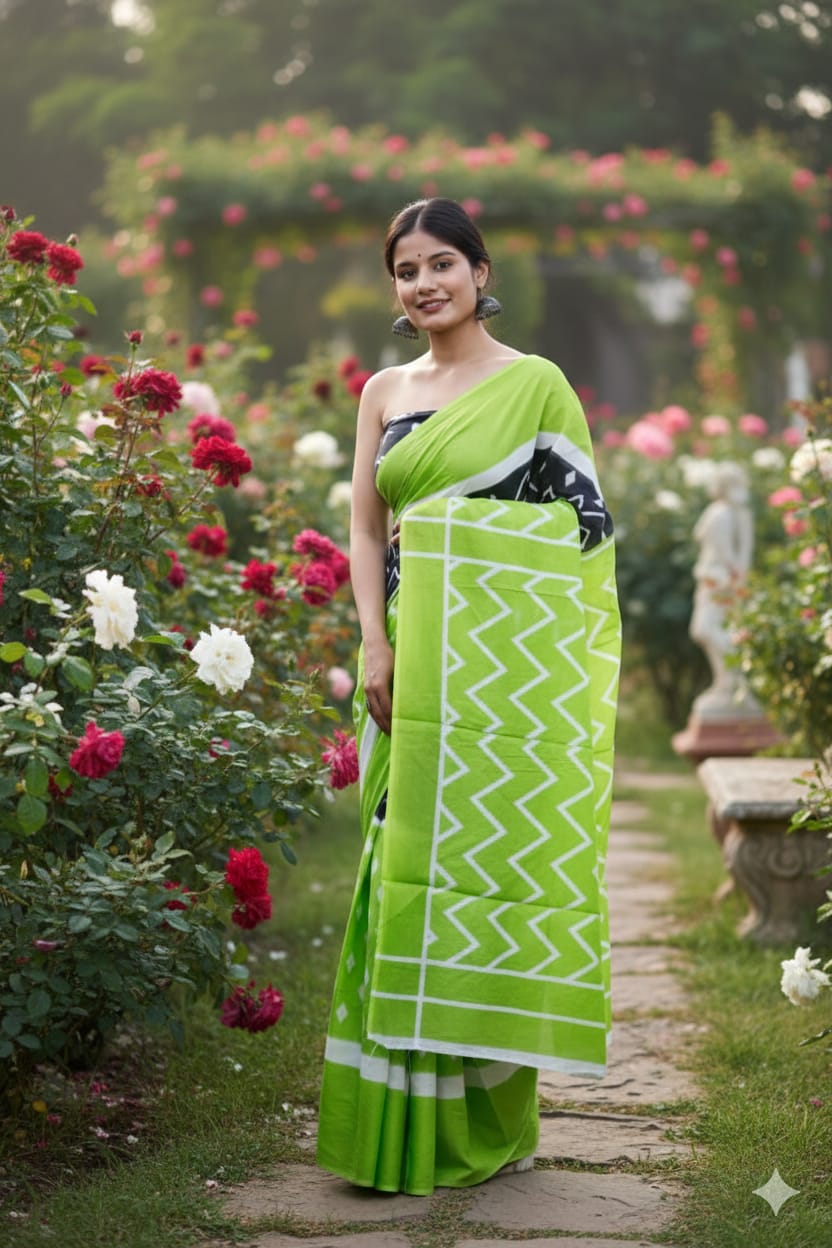 Traditional Jaipuri Printed Mulmul Cotton Saree with Blouse Piece