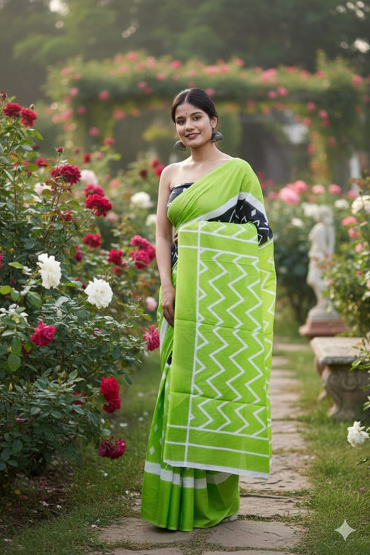 Traditional Jaipuri Printed Mulmul Cotton Saree with Blouse Piece