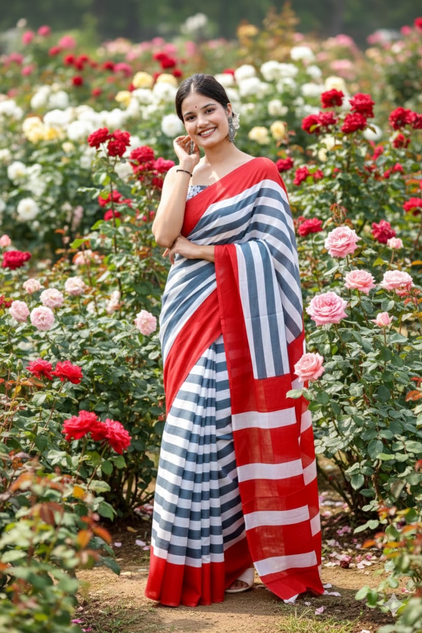 Traditional Jaipuri Printed Mulmul Cotton Saree with Blouse Piece