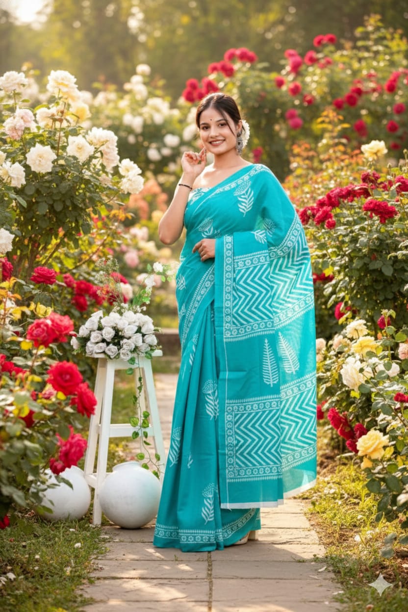 Traditional Jaipuri Printed Mulmul Cotton Saree with Blouse Piece