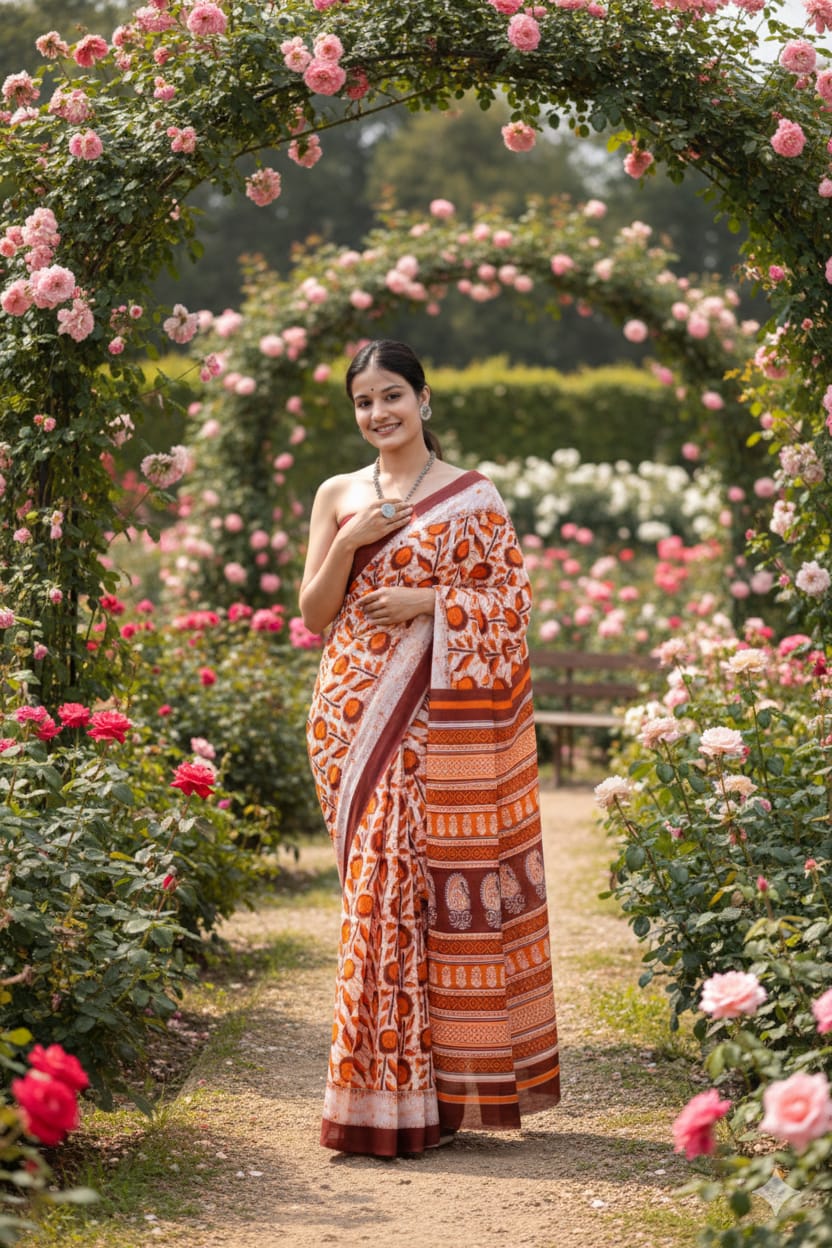Traditional Jaipuri Printed Mulmul Cotton Saree with Blouse Piece