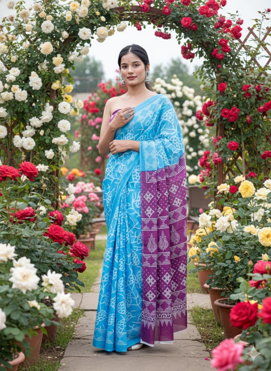 Traditional Jaipuri Printed Mulmul Cotton Saree with Blouse Piece