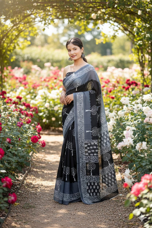 Traditional Jaipuri Printed Mulmul Cotton Saree with Blouse Piece