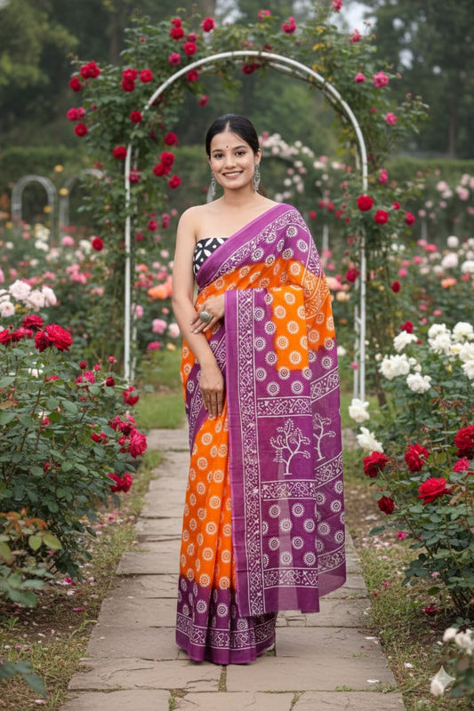 Traditional Jaipuri Printed Mulmul Cotton Saree with Blouse Piece