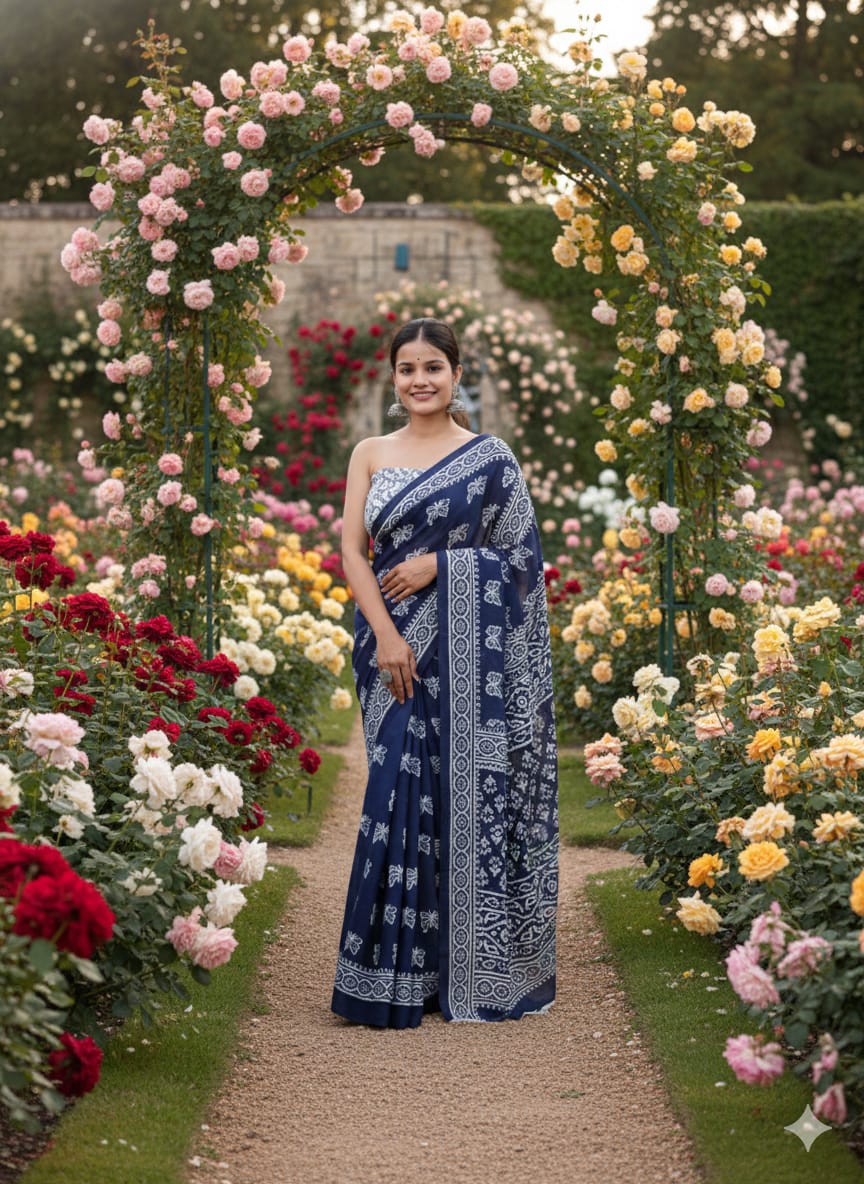 Traditional Jaipuri Printed Mulmul Cotton Saree with Blouse Piece