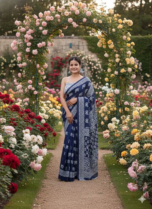 Traditional Jaipuri Printed Mulmul Cotton Saree with Blouse Piece