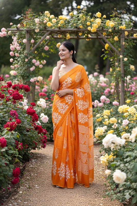 Traditional Jaipuri Printed Mulmul Cotton Saree with Blouse Piece