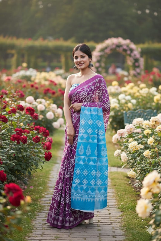 Traditional Jaipuri Printed Mulmul Cotton Saree with Blouse Piece