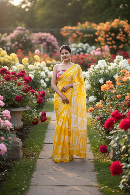 Traditional Jaipuri Printed Mulmul Cotton Saree with Blouse Piece