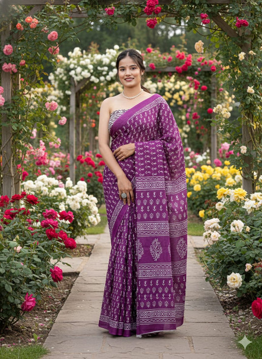 Traditional Jaipuri Printed Mulmul Cotton Saree with Blouse Piece