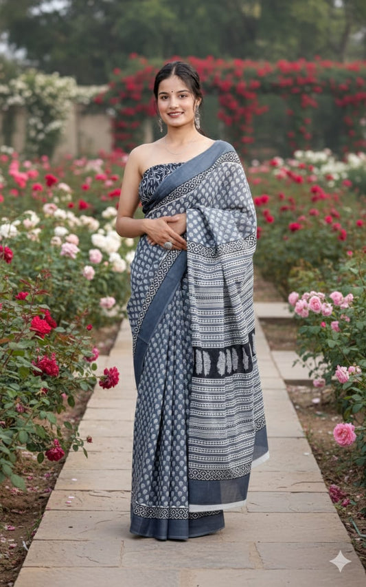 Traditional Jaipuri Printed Mulmul Cotton Saree with Blouse Piece