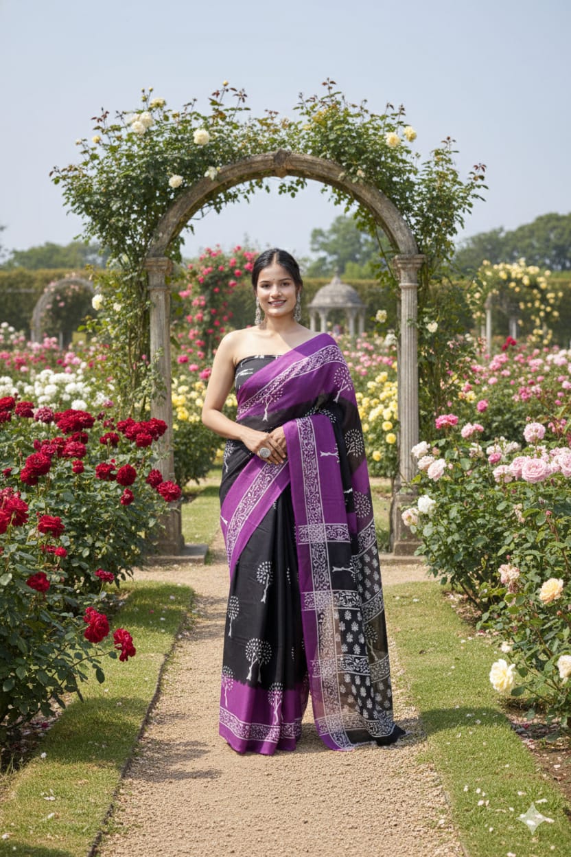 Traditional Jaipuri Printed Mulmul Cotton Saree with Blouse Piece