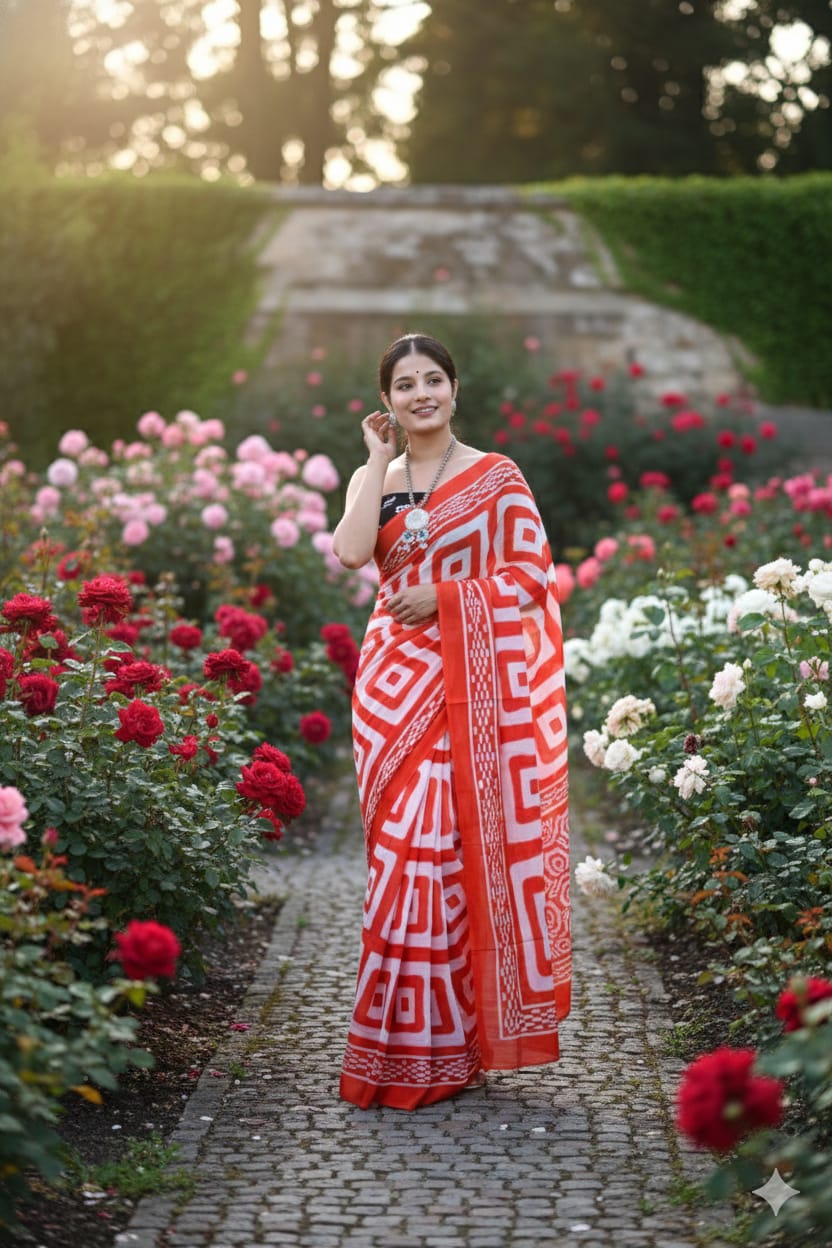Traditional Jaipuri Printed Mulmul Cotton Saree with Blouse Piece