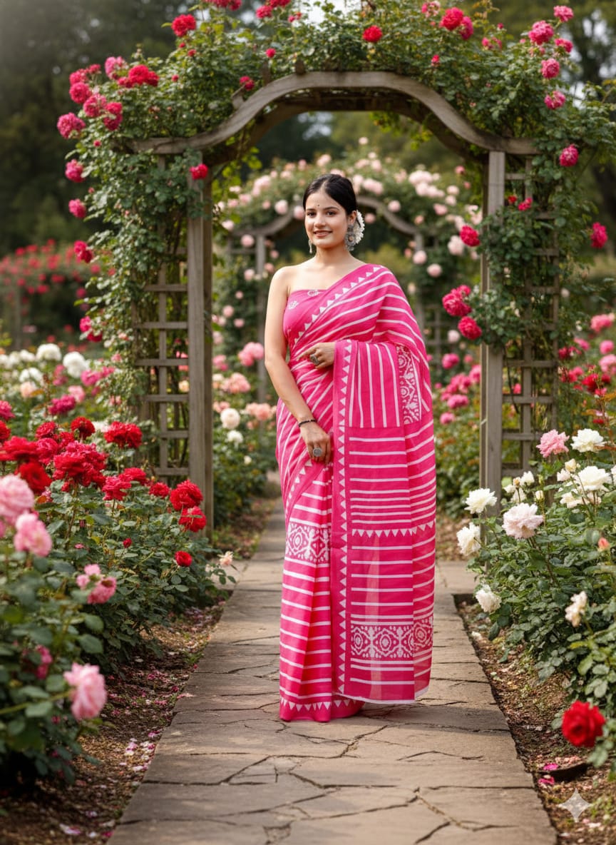 Traditional Jaipuri Printed Mulmul Cotton Saree with Blouse Piece