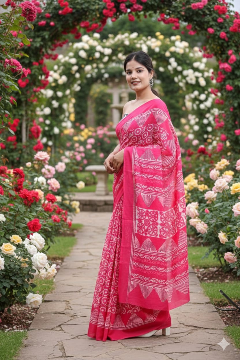 Traditional Jaipuri Printed Mulmul Cotton Saree with Blouse Piece
