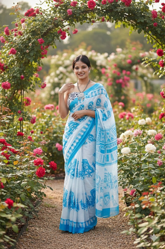 Traditional Jaipuri Printed Mulmul Cotton Saree with Blouse Piece
