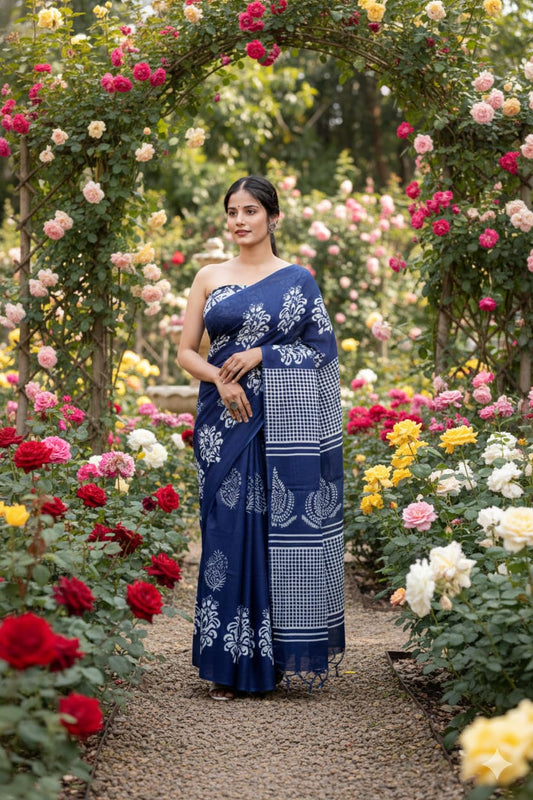 Traditional Jaipuri Printed Mulmul Cotton Saree with Blouse Piece