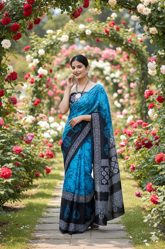 Traditional Jaipuri Printed Mulmul Cotton Saree with Blouse Piece