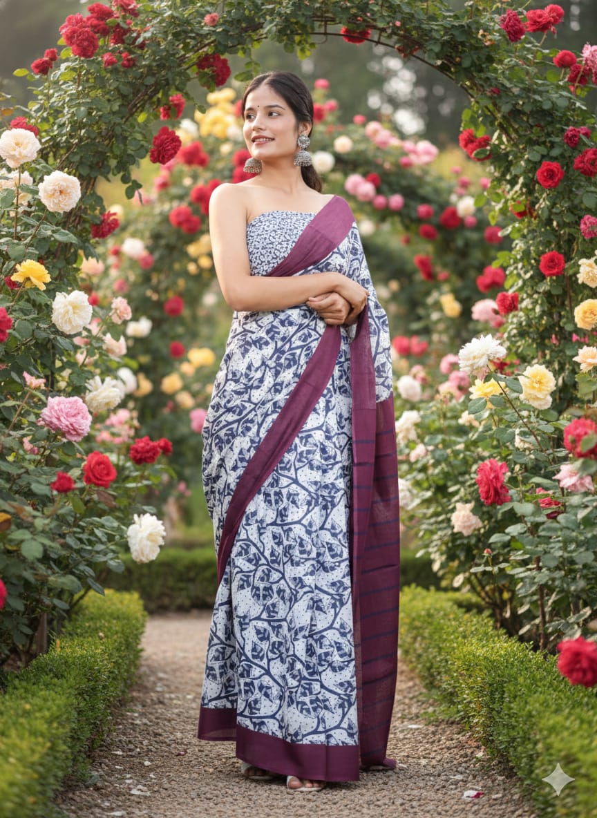 Traditional Jaipuri Printed Mulmul Cotton Saree with Blouse Piece