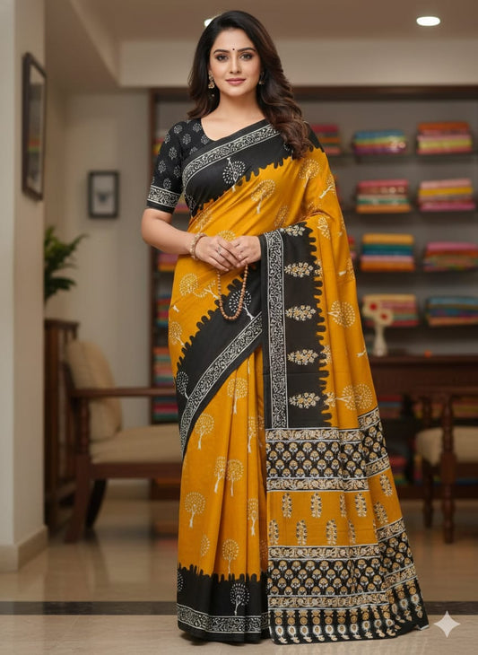Traditional Jaipuri Printed Mulmul Cotton Saree with Blouse Piece