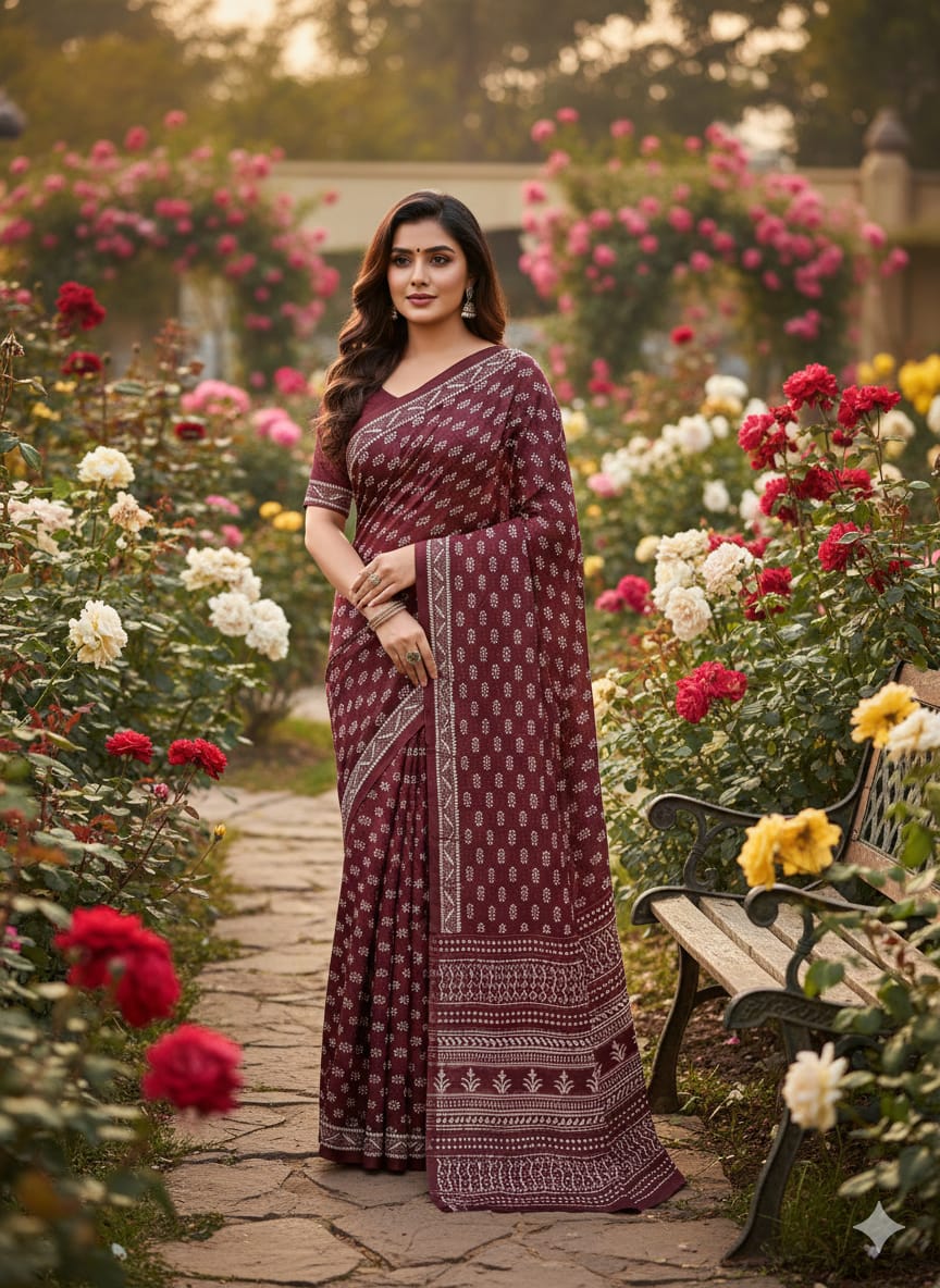 Traditional Jaipuri Printed Mulmul Cotton Saree with Blouse Piece