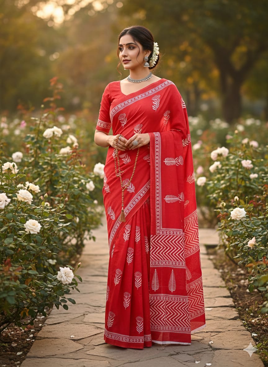 Traditional Jaipuri Printed Mulmul Cotton Saree with Blouse Piece