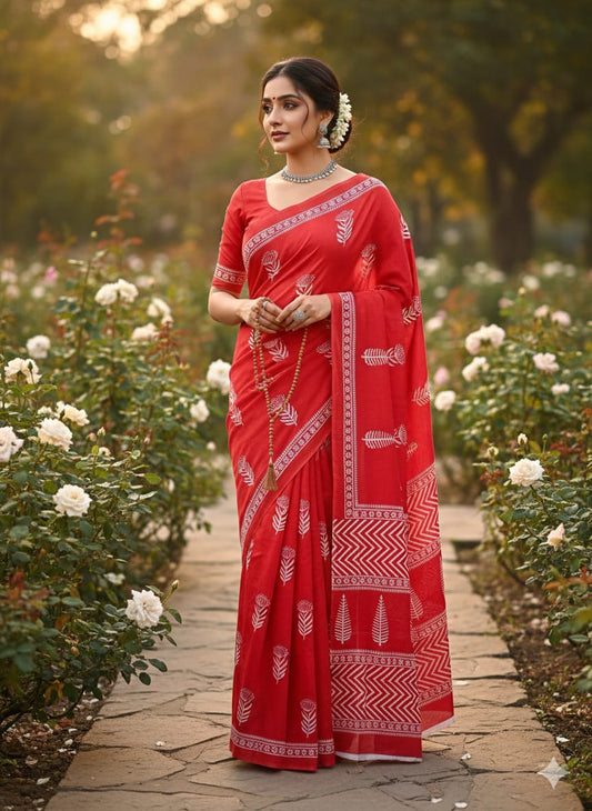 Traditional Jaipuri Printed Mulmul Cotton Saree with Blouse Piece