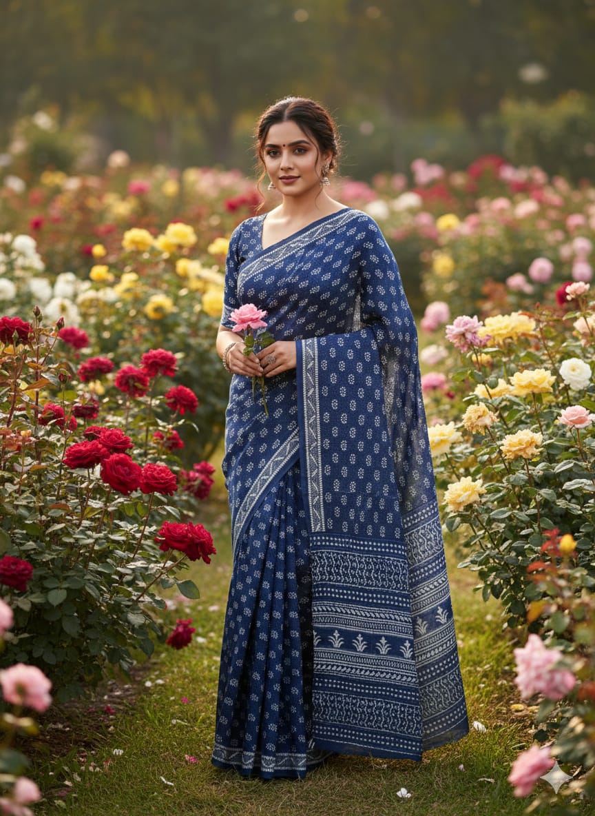 Traditional Jaipuri Printed Mulmul Cotton Saree with Blouse Piece