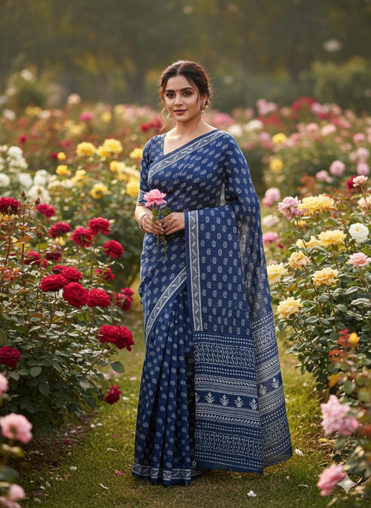 Traditional Jaipuri Printed Mulmul Cotton Saree with Blouse Piece