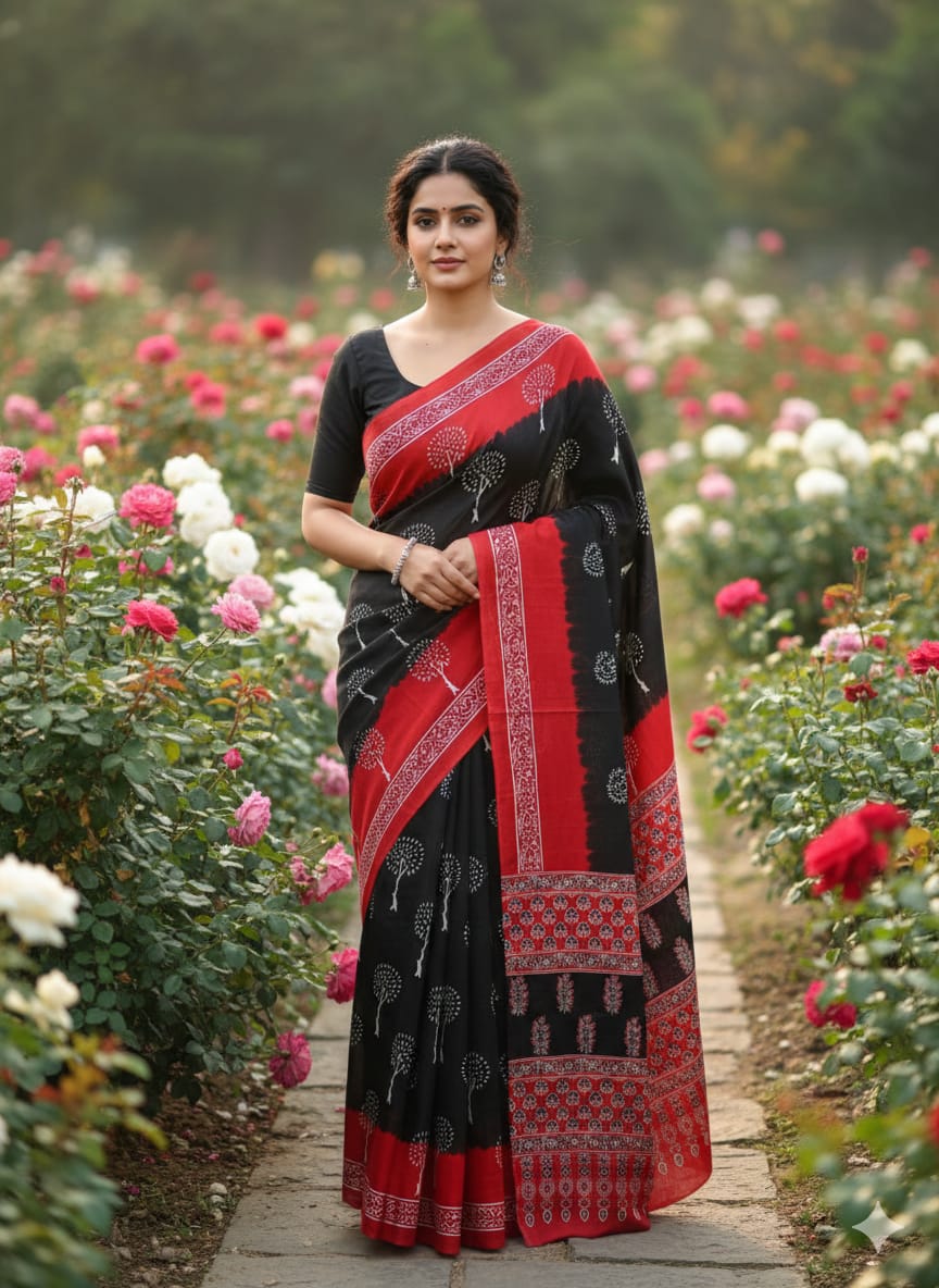 Traditional Jaipuri Printed Mulmul Cotton Saree with Blouse Piece