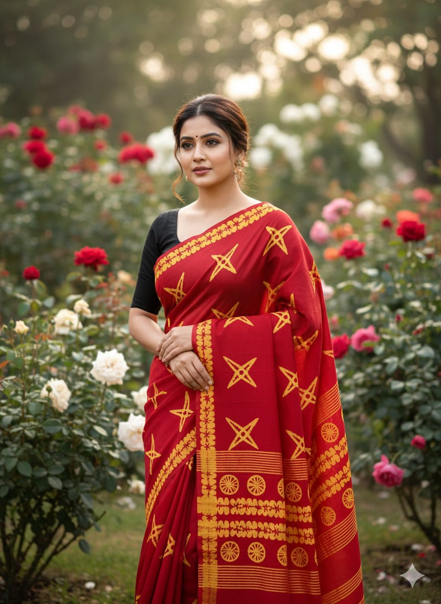 Traditional Jaipuri Printed Mulmul Cotton Saree with Blouse Piece