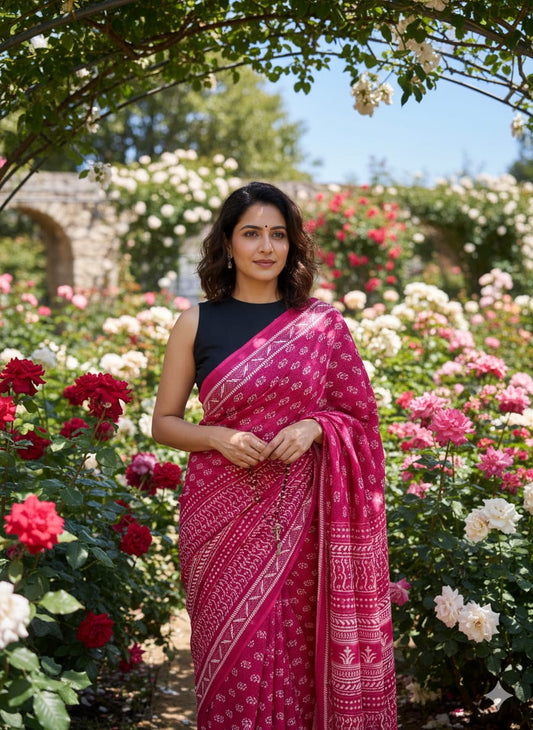 Traditional Jaipuri Printed Mulmul Cotton Saree with Blouse Piece