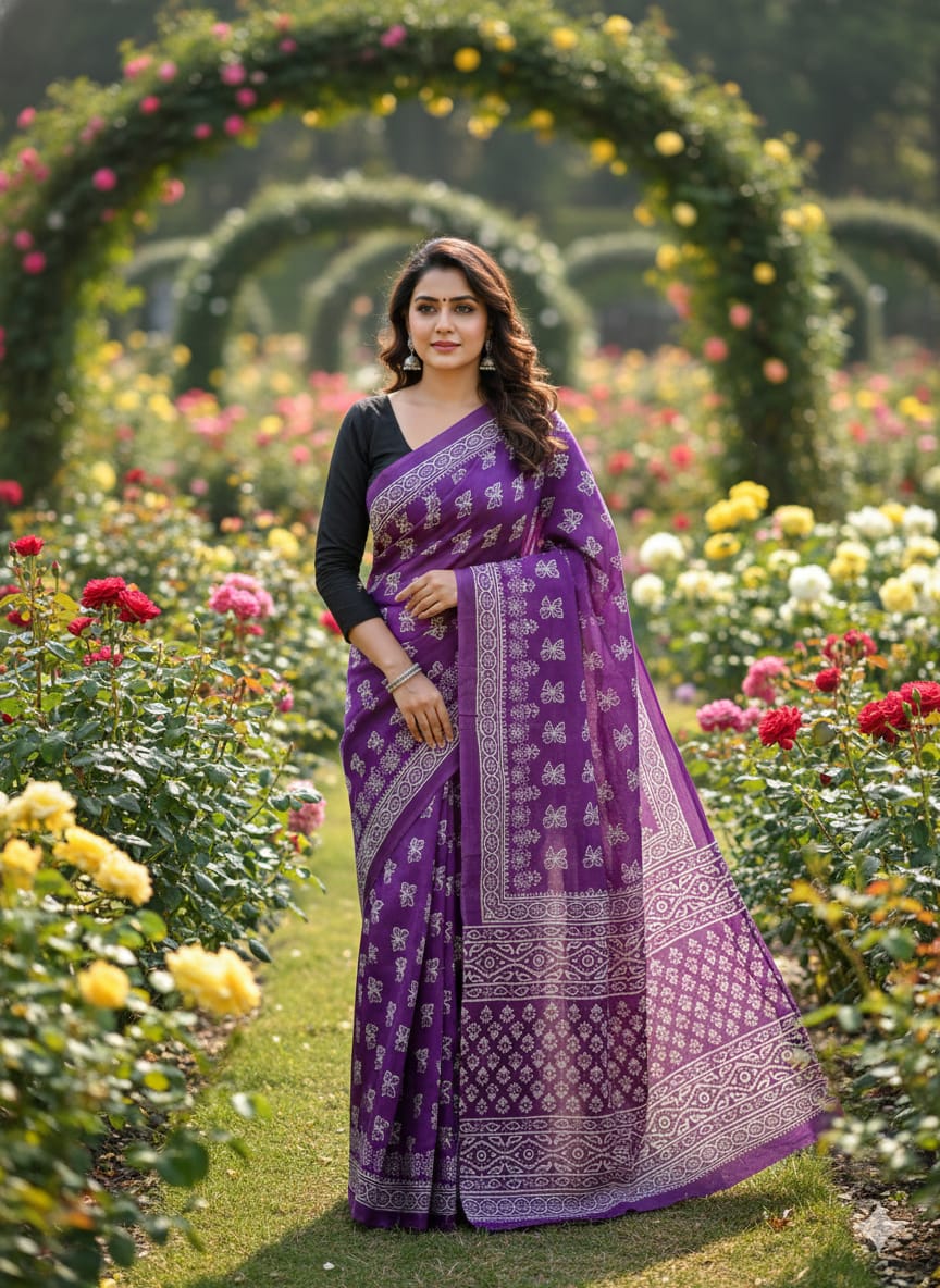 Traditional Jaipuri Printed Mulmul Cotton Saree with Blouse Piece