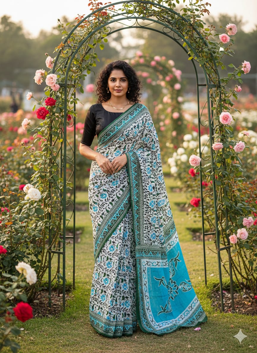 Traditional Jaipuri Printed Mulmul Cotton Saree with Blouse Piece