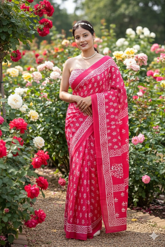 Traditional Jaipuri Printed Mulmul Cotton Saree with Blouse Piece