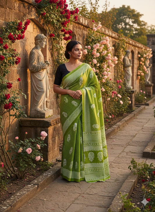 Traditional Jaipuri Printed Mulmul Cotton Saree with Blouse Piece