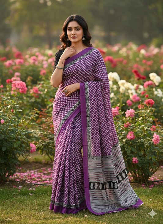 Traditional Jaipuri Printed Mulmul Cotton Saree with Blouse Piece