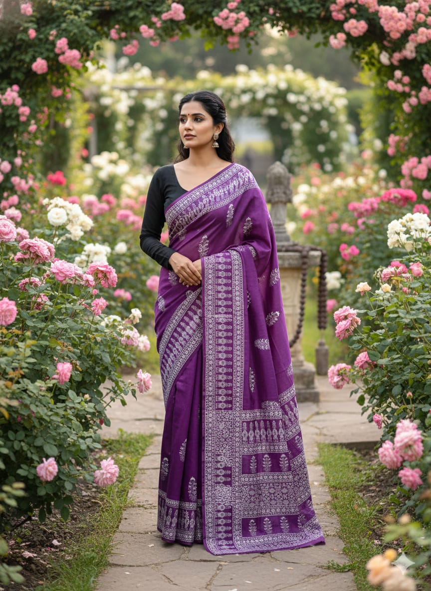 Traditional Jaipuri Printed Mulmul Cotton Saree with Blouse Piece