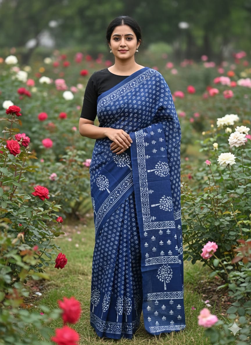 Traditional Jaipuri Printed Mulmul Cotton Saree with Blouse Piece