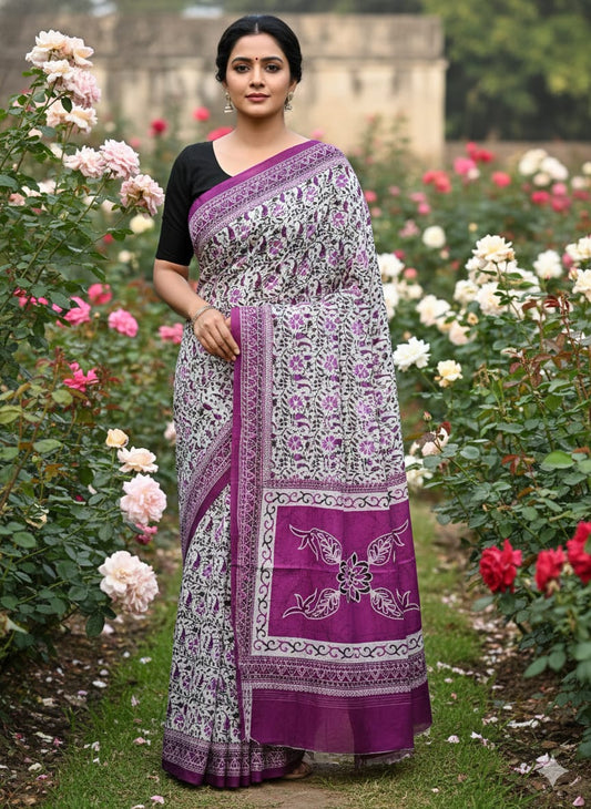 Traditional Jaipuri Printed Mulmul Cotton Saree with Blouse Piece