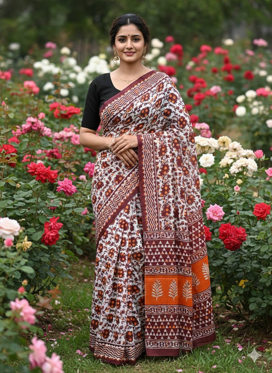 Traditional Jaipuri Printed Mulmul Cotton Saree with Blouse Piece