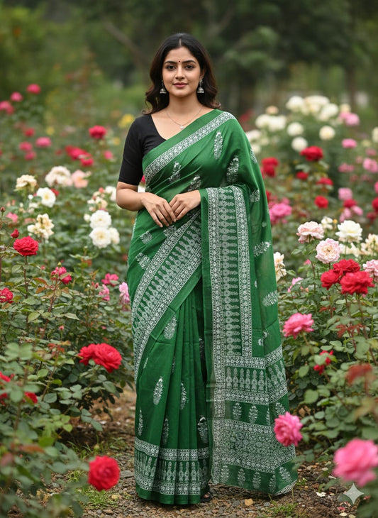Traditional Jaipuri Printed Mulmul Cotton Saree with Blouse Piece