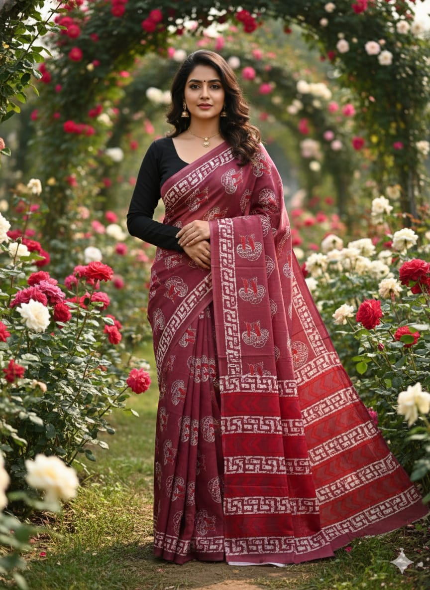 Traditional Jaipuri Printed Mulmul Cotton Saree with Blouse Piece