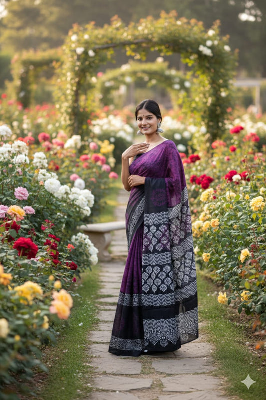 Traditional Jaipuri Printed Mulmul Cotton Saree with Blouse Piece