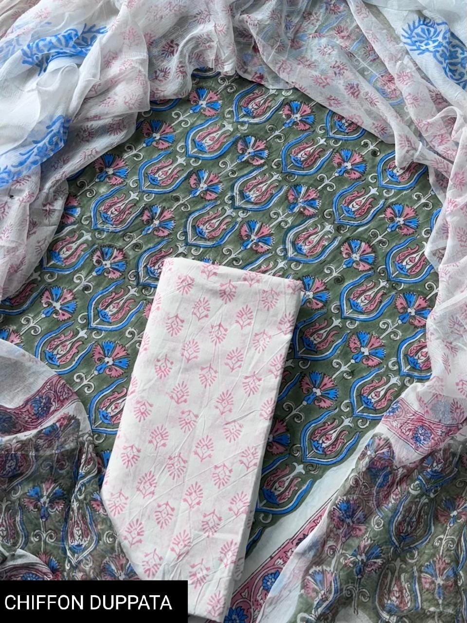 Hand Block Printed Pure Cotton Suit Sets With Chiffon Dupatta