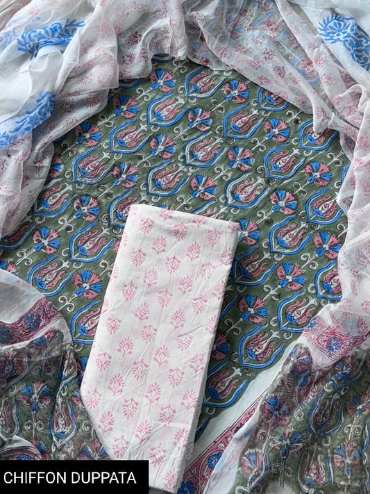 Hand Block Printed Pure Cotton Suit Sets With Chiffon Dupatta