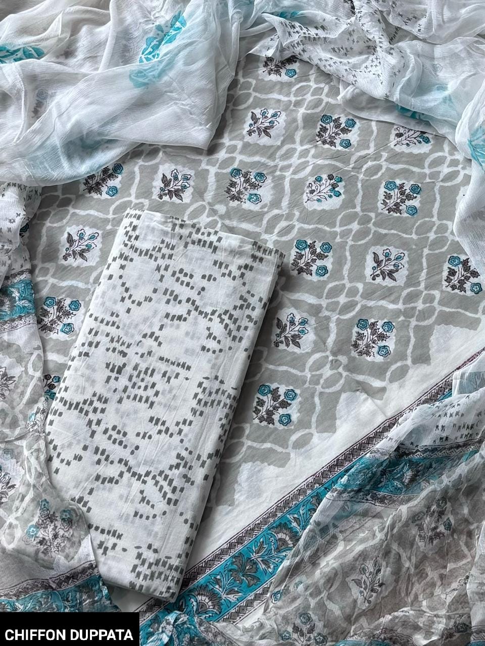 Hand Block Printed Pure Cotton Suit Sets With Chiffon Dupatta