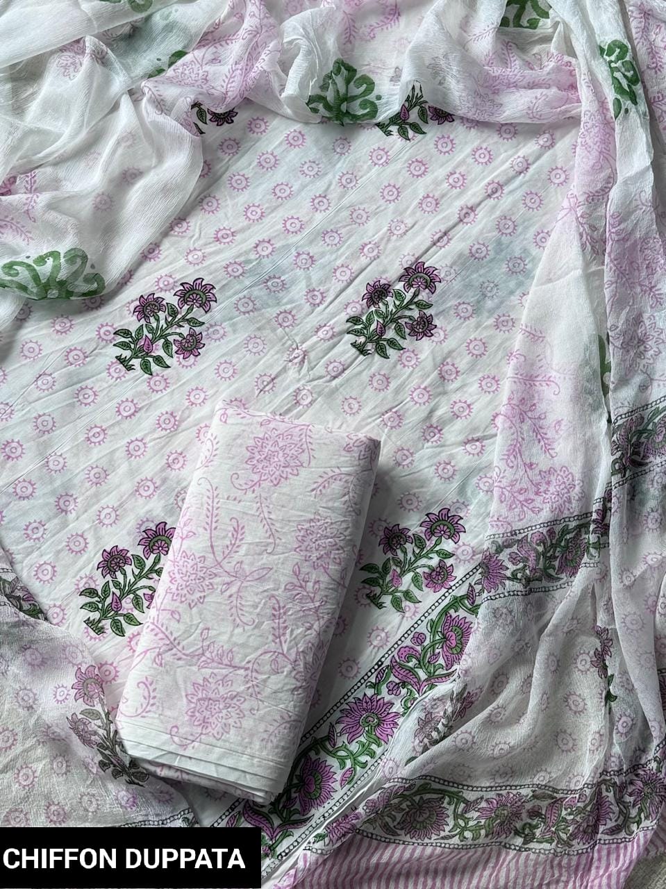 Hand Block Printed Pure Cotton Suit Sets With Chiffon Dupatta
