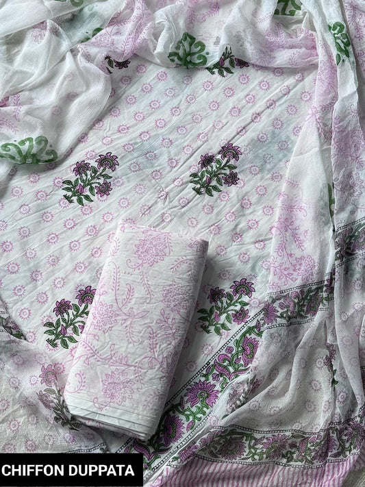 Hand Block Printed Pure Cotton Suit Sets With Chiffon Dupatta